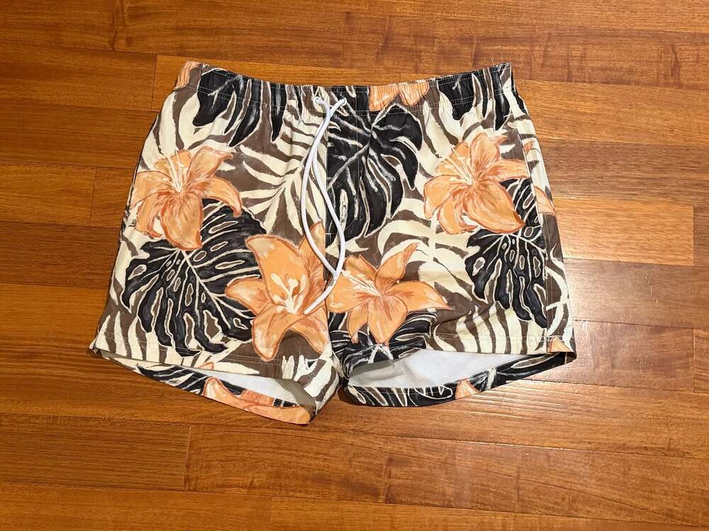 Stretch Swim Shorts with Tropical Floral and Leaf Print, Size XXL,